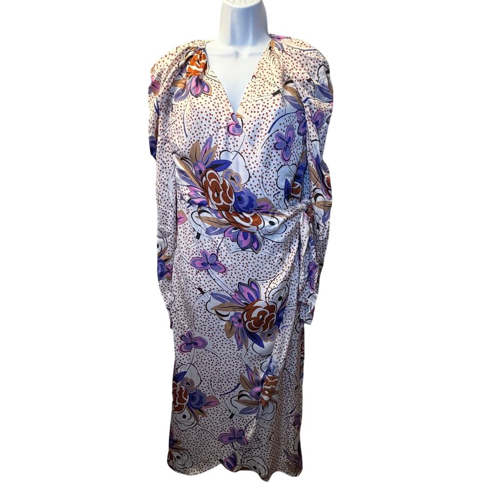 Les Reveries Floral Polka‎ Dot Wrap Midi Dress Purple Brown Blue Size 4 - Picture 2 of 6
